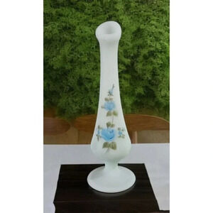 Vintage 8" Fenton Hand-Painted Satin Glass Bud Vase Blue Roses Signed by Artist
